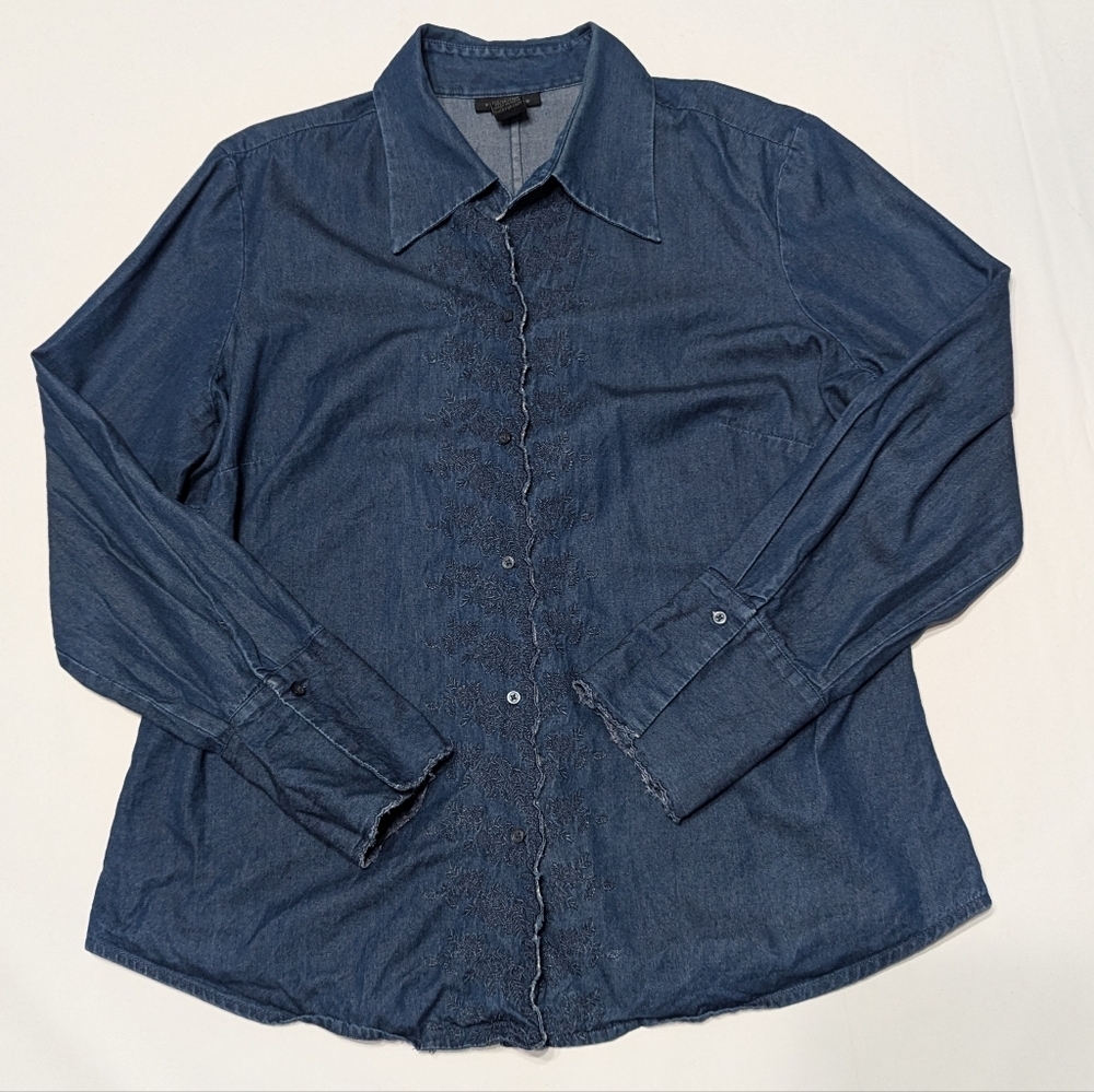 Vintage The Limited Womens Dark Denim Button Down Shirt Embroidered Floral XL